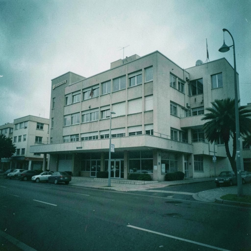 Fachada de prédio público institucional em Maceió, arquitetura moderna com linhas retas, céu azul claro ao fundo, fotografia analógica com granulação visível.